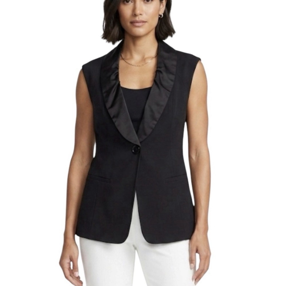 CABI Tuxedo Dinner Vest 917 Black Sleeveless Mixed Media Single Button Jacket 10